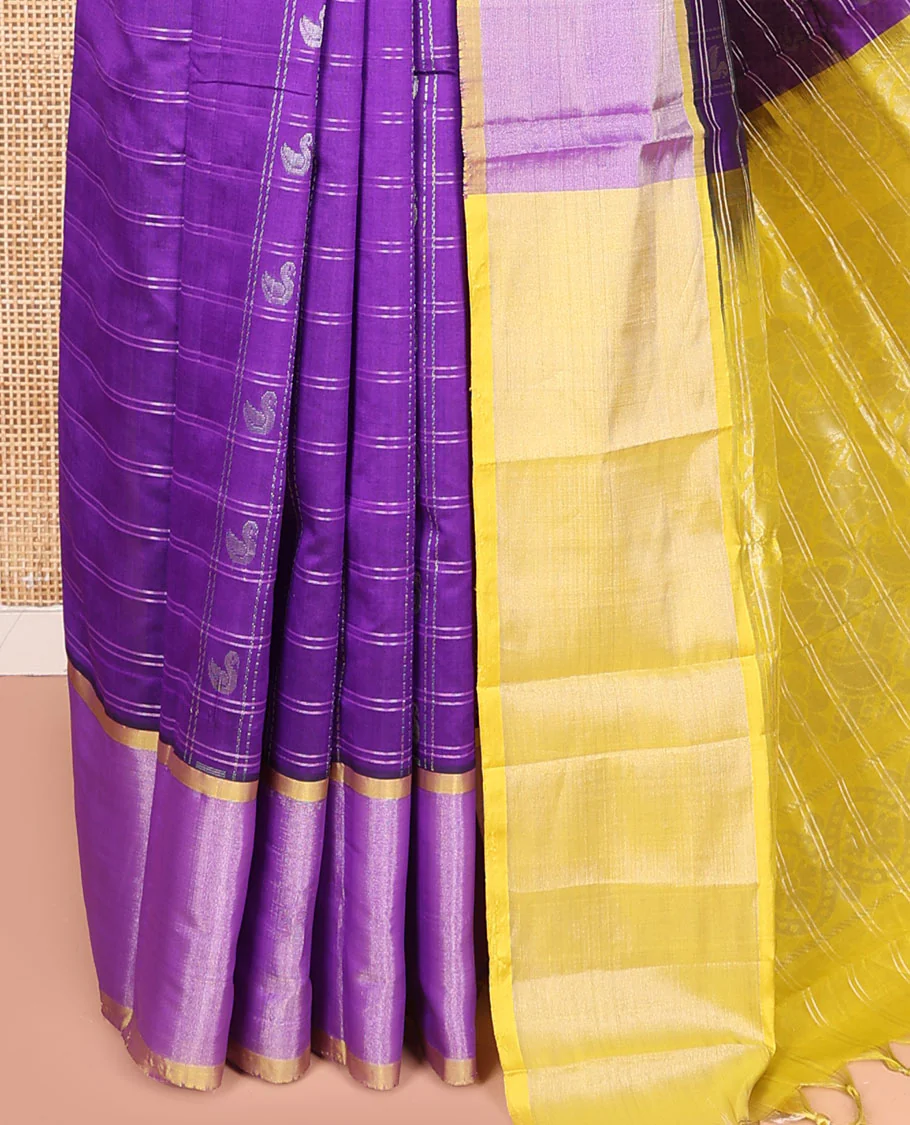 Violet Kuppadam Cotton Saree, Sparsely Woven with Bird Butta Enclosed Checks All Over Its Body, Complemented by a Contrast Border, Sparsely Woven Pallu of Floral-Paisley Designs, and Paired with a Contrast Blouse - Image 3