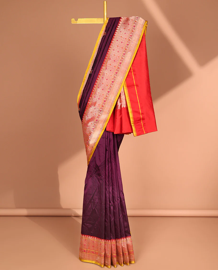 Violet leaf buttas banaras silk saree with contrast zari design border & intricate zari design pallu - Image 2