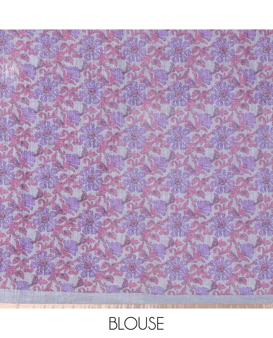 Violet Linen Cotton Saree, Adorned with Shibori Prints on Its Body, Subtle Contrast Piping Border, Pallu of Floral Print, and Paired with a Matching Blouse - Image 3