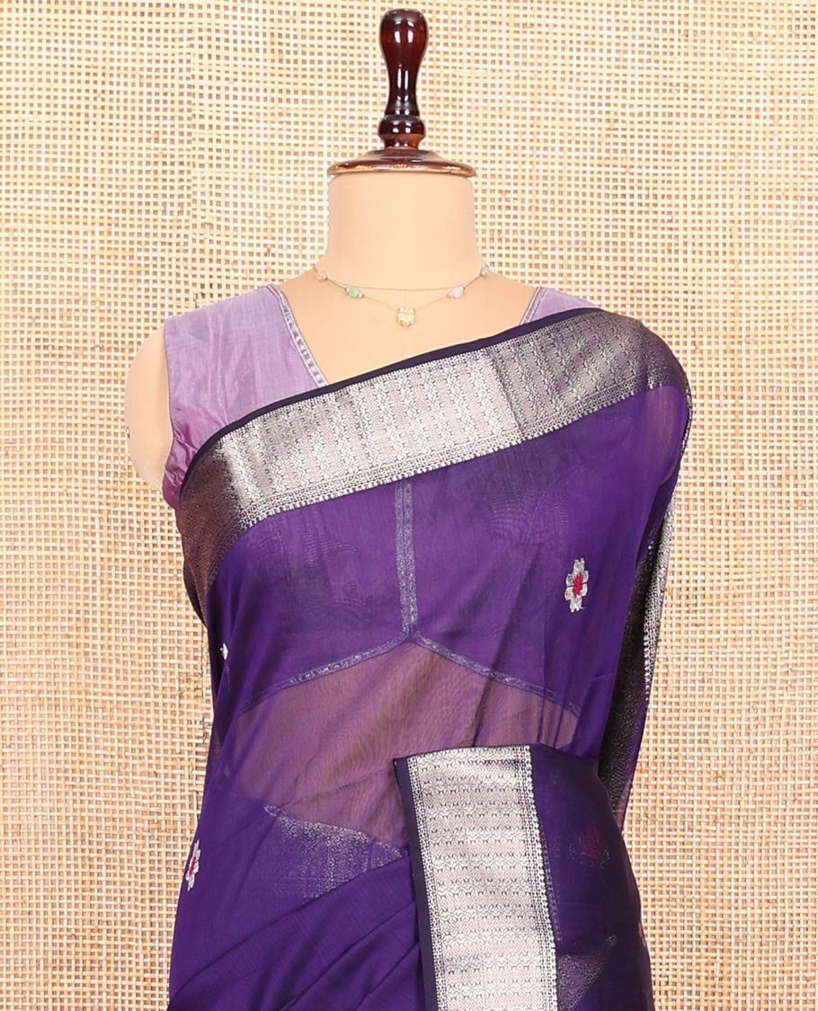 Violet Maheshwari Cotton Saree, Accentuated with Meena Flower Zari Buttas All Over Its Body, Highlighted by Zari Traditional Border, Gleaming Zari Striped Pallu and Paired with a Matching Blouse - Image 2