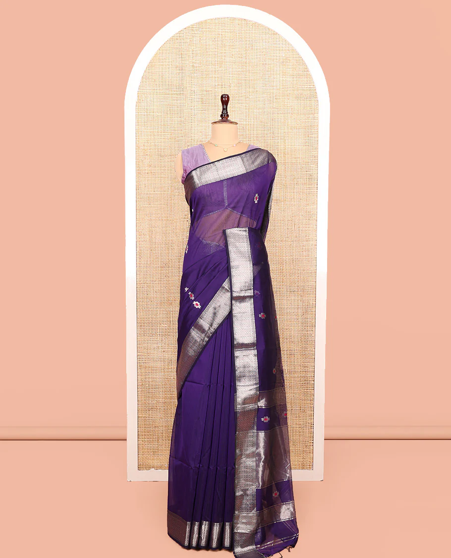 Violet Maheshwari Cotton Saree, Accentuated with Meena Flower Zari Buttas All Over Its Body, Highlighted by Zari Traditional Border, Gleaming Zari Striped Pallu and Paired with a Matching Blouse - Image 3