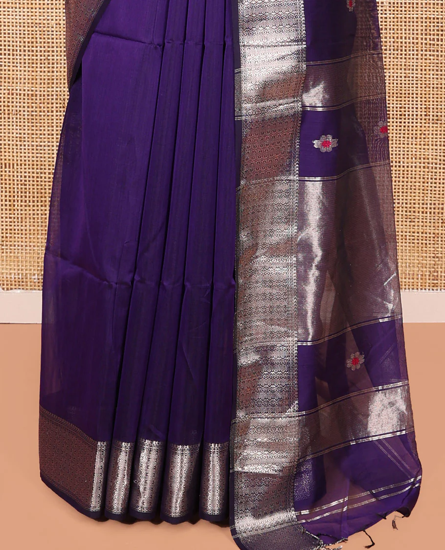 Violet Maheshwari Cotton Saree, Accentuated with Meena Flower Zari Buttas All Over Its Body, Highlighted by Zari Traditional Border, Gleaming Zari Striped Pallu and Paired with a Matching Blouse - Image 4