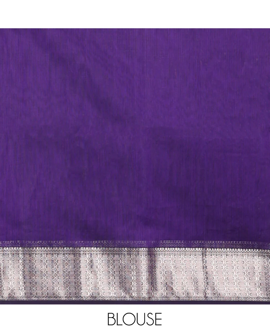 Violet Maheshwari Cotton Saree, Accentuated with Meena Flower Zari Buttas All Over Its Body, Highlighted by Zari Traditional Border, Gleaming Zari Striped Pallu and Paired with a Matching Blouse - Image 5