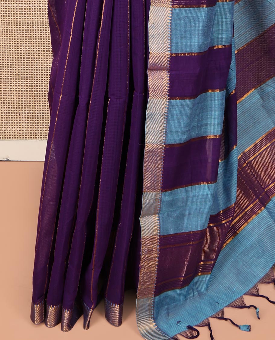 Violet Mangalgiri Cotton Saree, Detailed with Stripes on Its Body, Complemented by Contrast Zari Temple Border, Zari-Striped Pallu, and Paired with a Contrast Blouse - Image 3