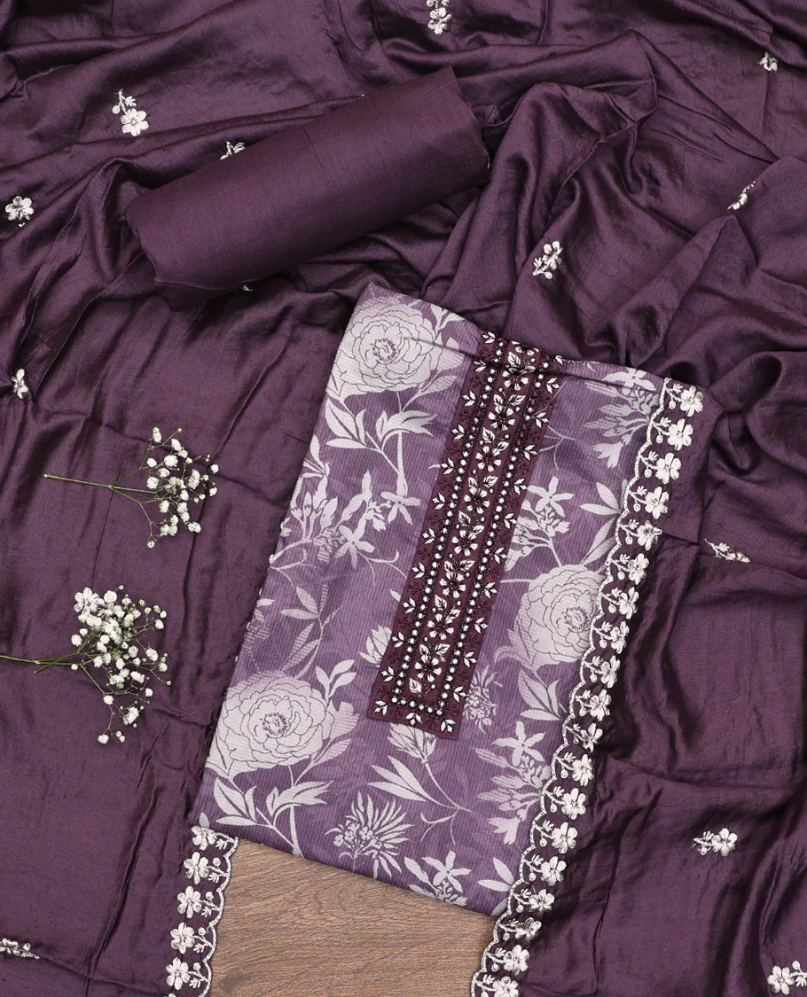 Violet Material Chudidar Set, Prettified with Floral Print and Embroidery on Cotton Top, a Plain Bottom, and Paired with a Floral Embroidered Scallop Dupatta