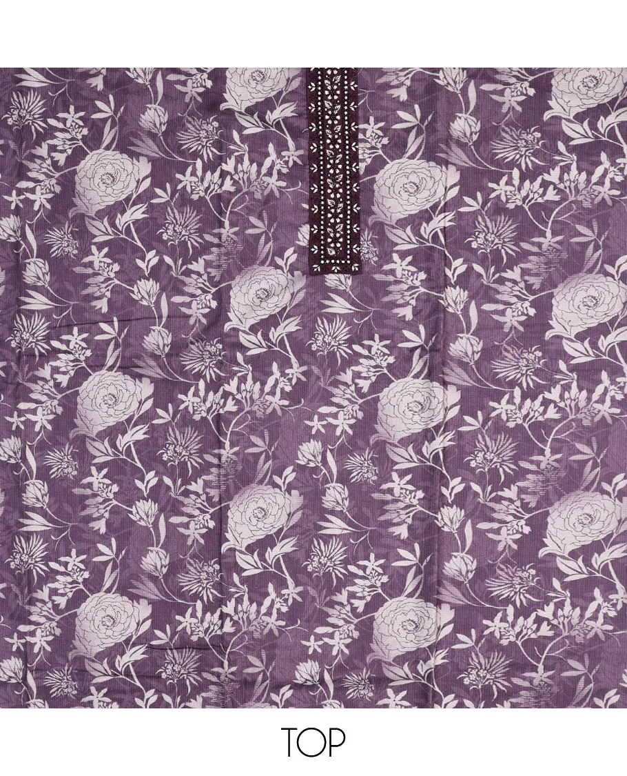 Violet Material Chudidar Set, Prettified with Floral Print and Embroidery on Cotton Top, a Plain Bottom, and Paired with a Floral Embroidered Scallop Dupatta - Image 2