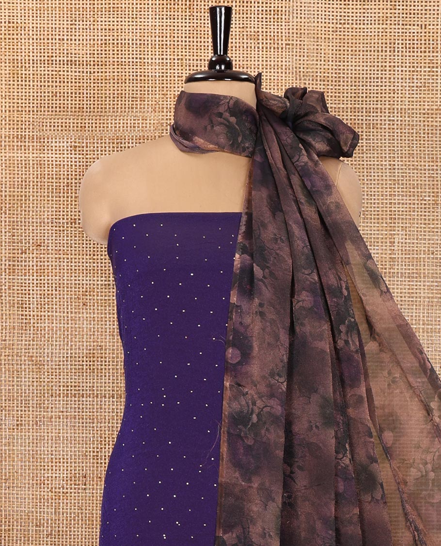 Violet Material Churidar Set, Ornamented with Swarovski Stone Work Nc Moss Organza Top, Comes with a Plain Santoon Bottom, and Floral Printed Nc Moss Organza Dupatta - Image 3