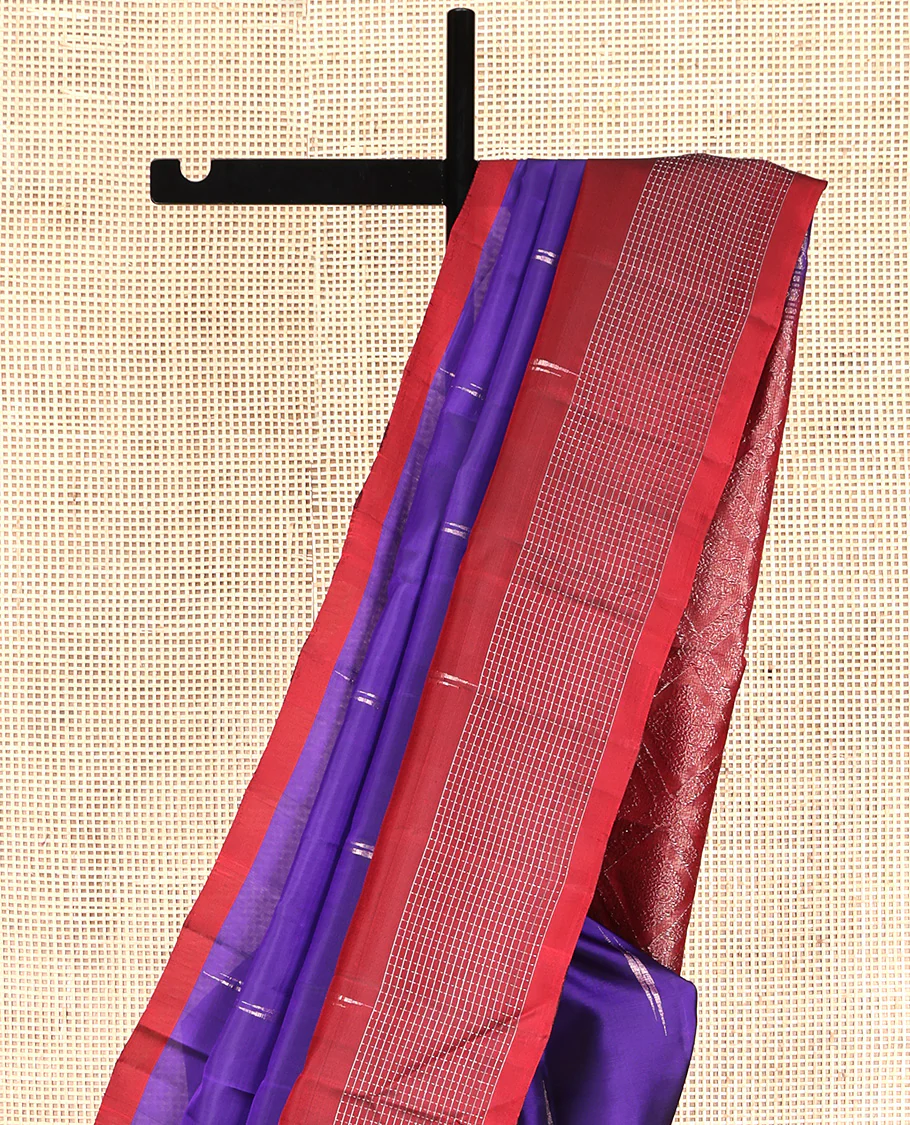 Violet Mayuri Lite Silk Mix Saree, Detailed with Zari Buttas All Over Its Body, Complemented by a Contrast Checked Border, Grand Jaal Pallu, and Paired with a Contrast Blouse - Image 3