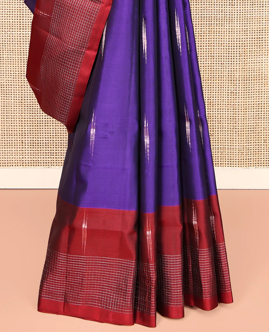 Violet Mayuri Lite Silk Mix Saree, Detailed with Zari Buttas All Over Its Body, Complemented by a Contrast Checked Border, Grand Jaal Pallu, and Paired with a Contrast Blouse - Image 4