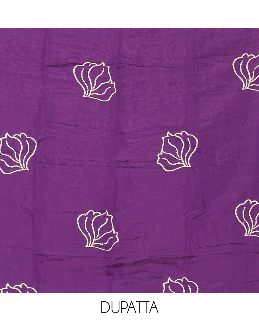 Violet Mul Chanderi Material Churidar Set, Ornamented with Flower Embroidery and Sequins Work V-Neck Top, a Plain Santoon Bottom, and Paired with a Mul Chanderi Floral Embroidered Dupatta - Image 2