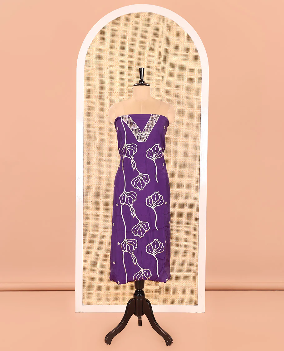 Violet Mul Chanderi Material Churidar Set, Ornamented with Flower Embroidery and Sequins Work V-Neck Top, a Plain Santoon Bottom, and Paired with a Mul Chanderi Floral Embroidered Dupatta - Image 3