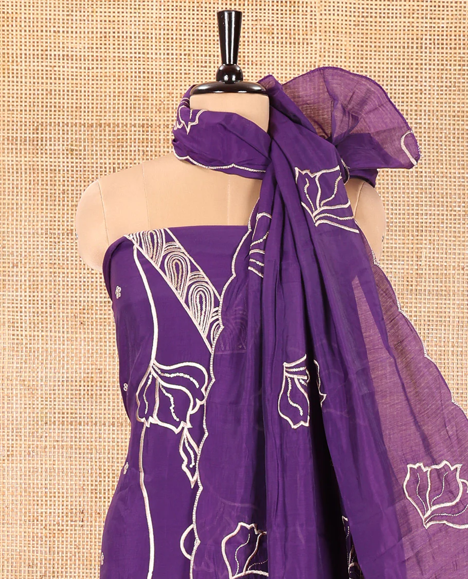 Violet Mul Chanderi Material Churidar Set, Ornamented with Flower Embroidery and Sequins Work V-Neck Top, a Plain Santoon Bottom, and Paired with a Mul Chanderi Floral Embroidered Dupatta - Image 4