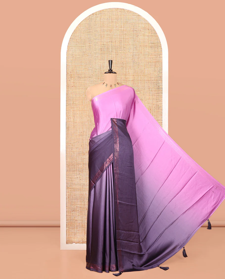 Violet Ombre Plain Satin Crepe Saree, Subtle Zari Border, Plain Pallu, and Comes without a Blouse