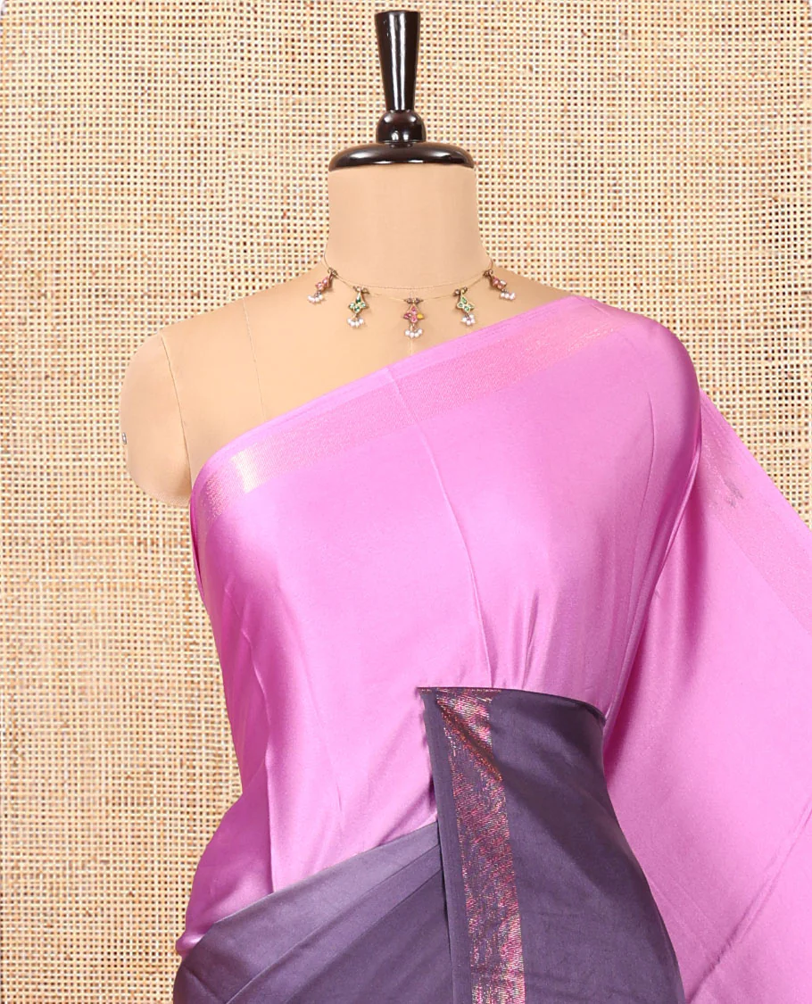 Violet Ombre Plain Satin Crepe Saree, Subtle Zari Border, Plain Pallu, and Comes without a Blouse - Image 2
