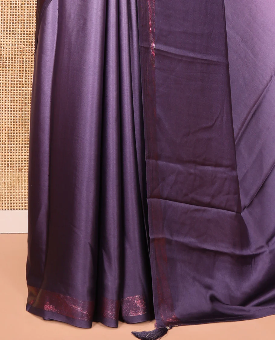 Violet Ombre Plain Satin Crepe Saree, Subtle Zari Border, Plain Pallu, and Comes without a Blouse - Image 3