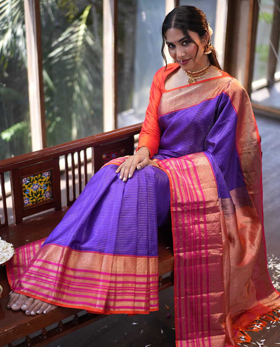 Violet-Pink Vasundhara Silk Saree Features Zari Stripes, a Contrast Border of Thilakam Mokku, Muthu, Mayil, Neli, and Cross Kamalam, Jaal Pallu, and a Contrast Blouse - Image 4