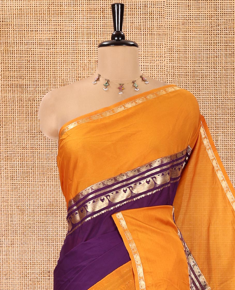 Violet Plain Art Mysore Silk Saree, Complemented by Captivating Contrast Rettai Pettu Traditional Border of Elephant Zari Buttas, Striped Pallu, and Paired with a Contrast Blouse - Image 2