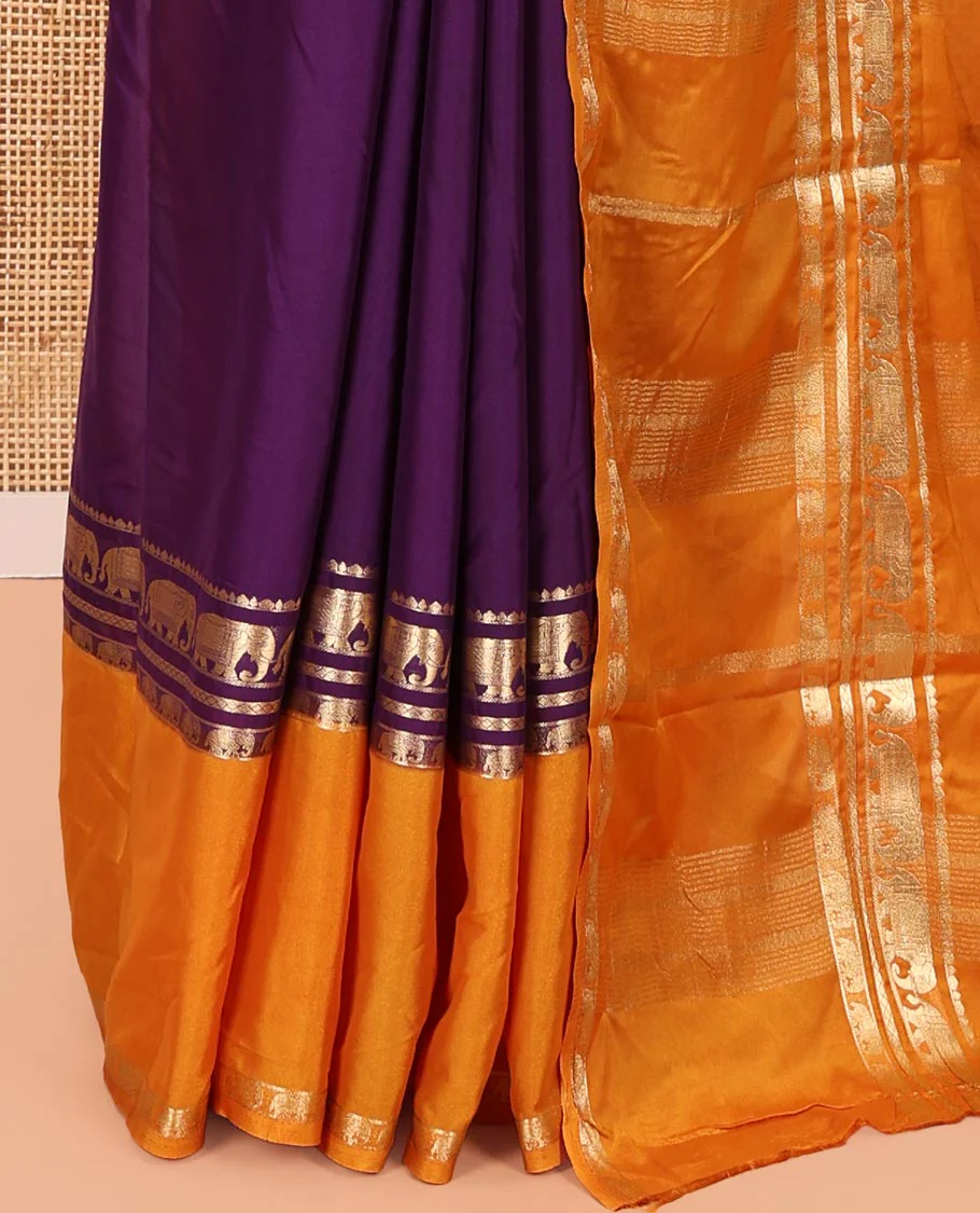 Violet Plain Art Mysore Silk Saree, Complemented by Captivating Contrast Rettai Pettu Traditional Border of Elephant Zari Buttas, Striped Pallu, and Paired with a Contrast Blouse - Image 3