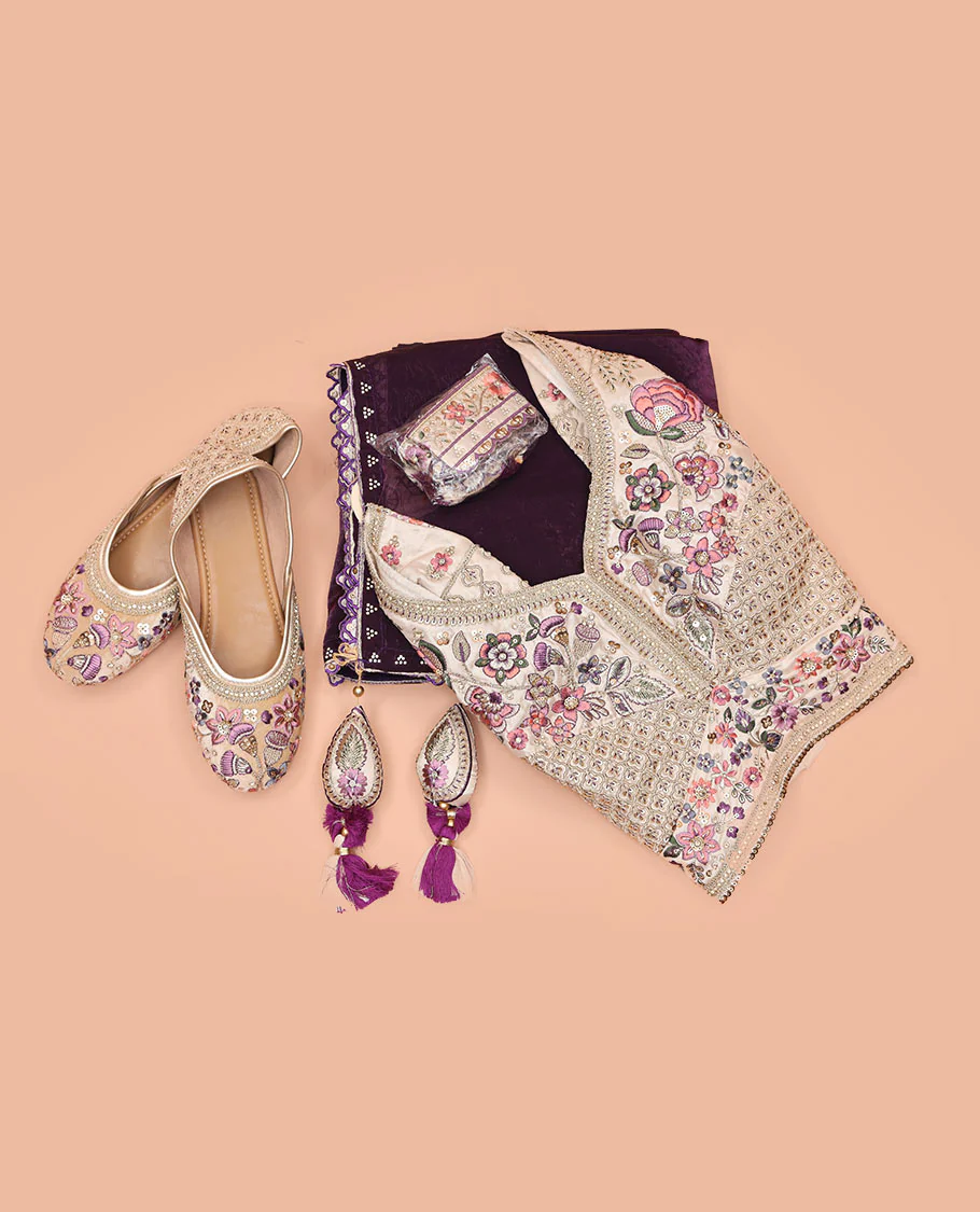 Violet Plain Designer Saree with Temple Lace Border, a Readymade Blouse, a Contrast Embroidered Belt, and a Pair of Free Embroidered Punjabi Shoes - Image 3
