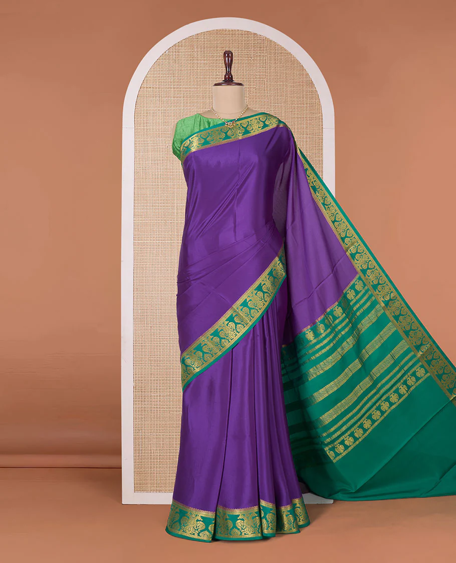 Purple plain Mysore silk saree, contrast two-headed eagle border, and pallu of traditional designs - Image 2