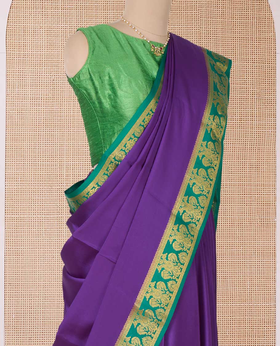 Purple plain Mysore silk saree, contrast two-headed eagle border, and pallu of traditional designs - Image 3