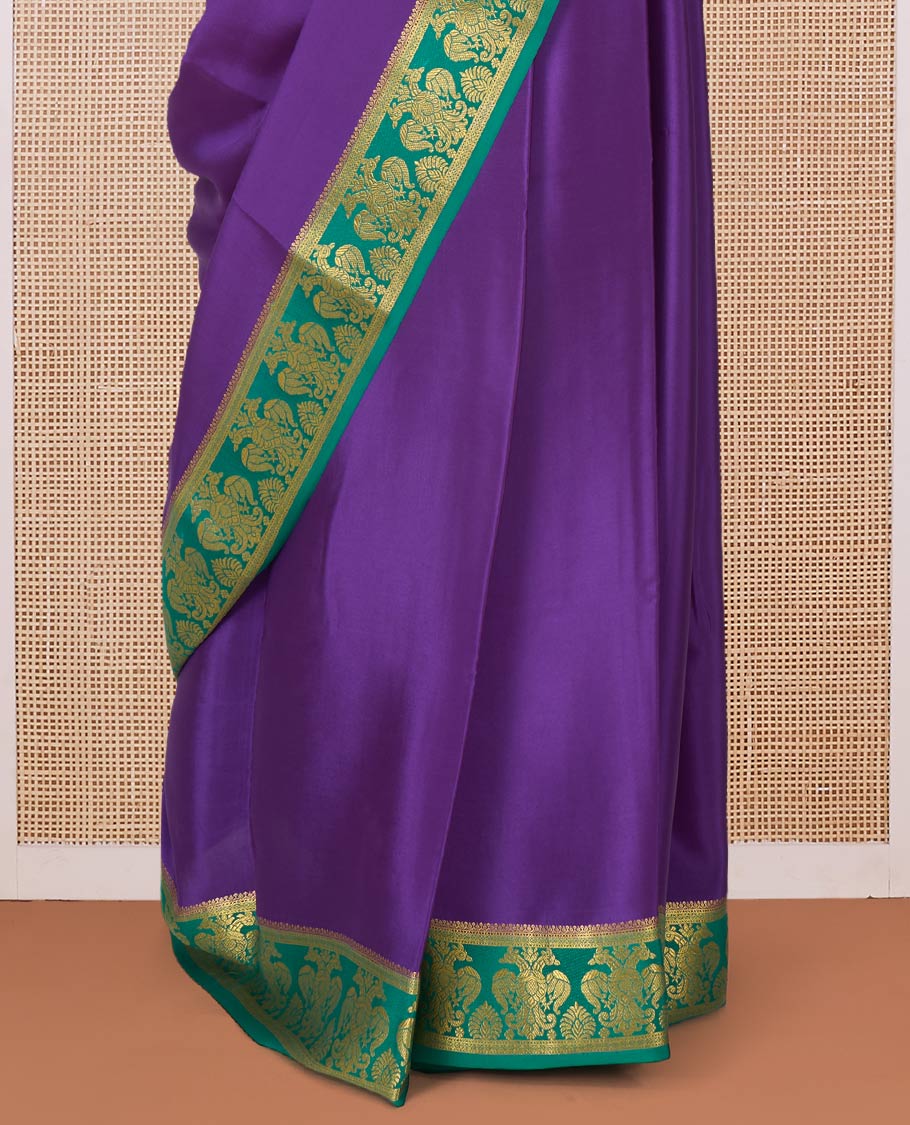 Purple plain Mysore silk saree, contrast two-headed eagle border, and pallu of traditional designs - Image 4
