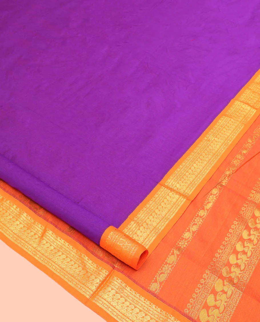 Violet Plain Nine Yard Cotton Saree, Complemented by Contrast Traditional Zari Design Border, Pallu of Traditional Designs, and Comes Without a Blouse