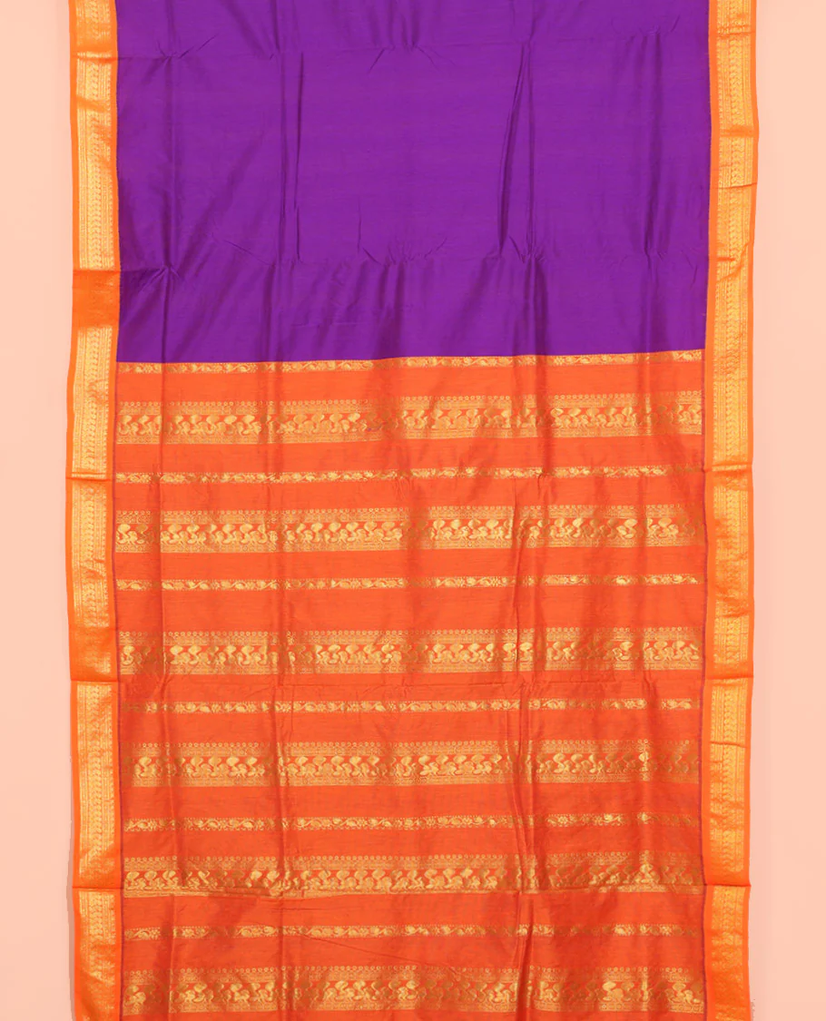 Violet Plain Nine Yard Cotton Saree, Complemented by Contrast Traditional Zari Design Border, Pallu of Traditional Designs, and Comes Without a Blouse - Image 2