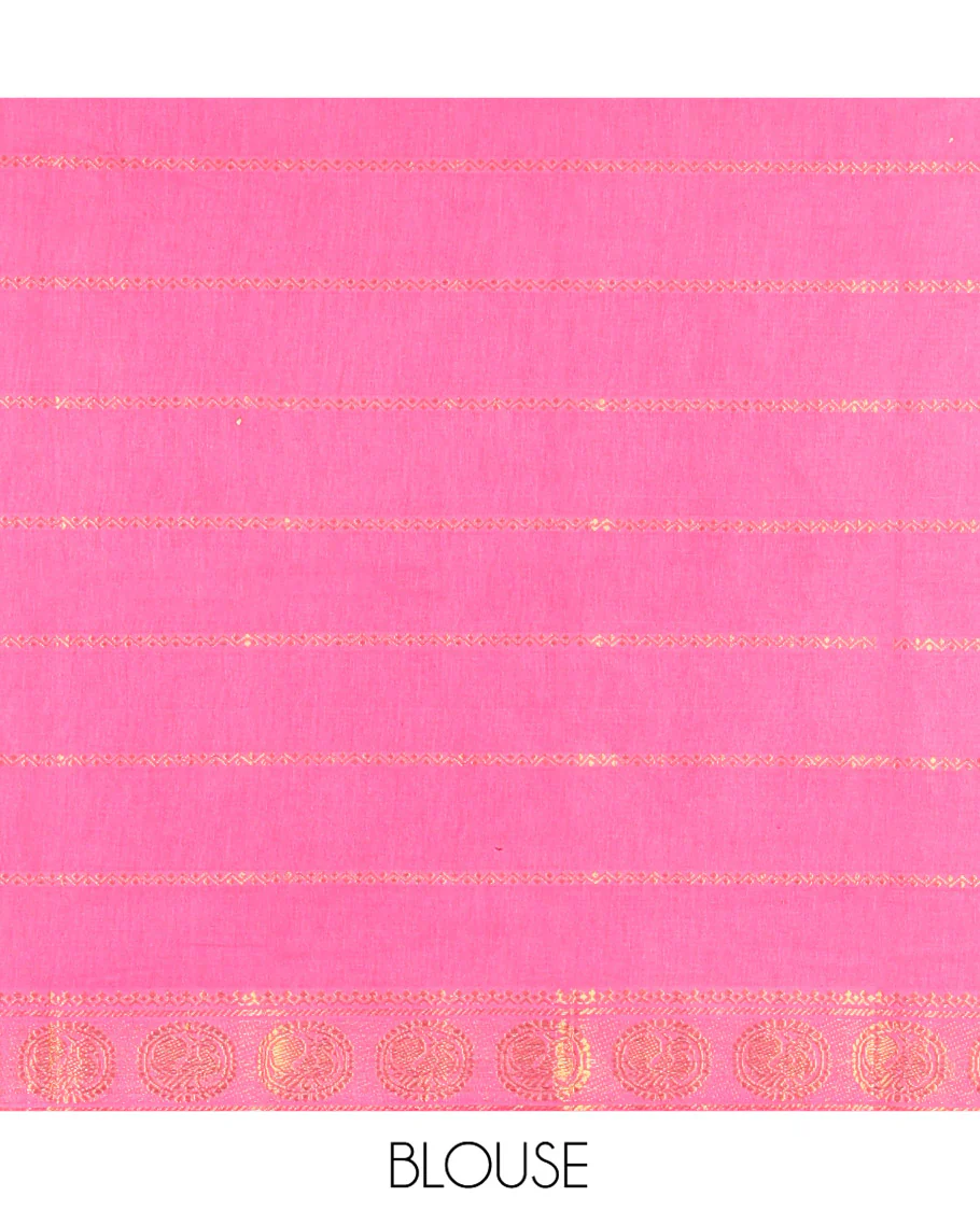 Violet Plain Sungudi Cotton Saree, Highlighted by Traditional Zari Border of Peacock and Floral Creeper Designs, Subtly Striped Pallu, and Paired with a Contrast Blouse - Image 3