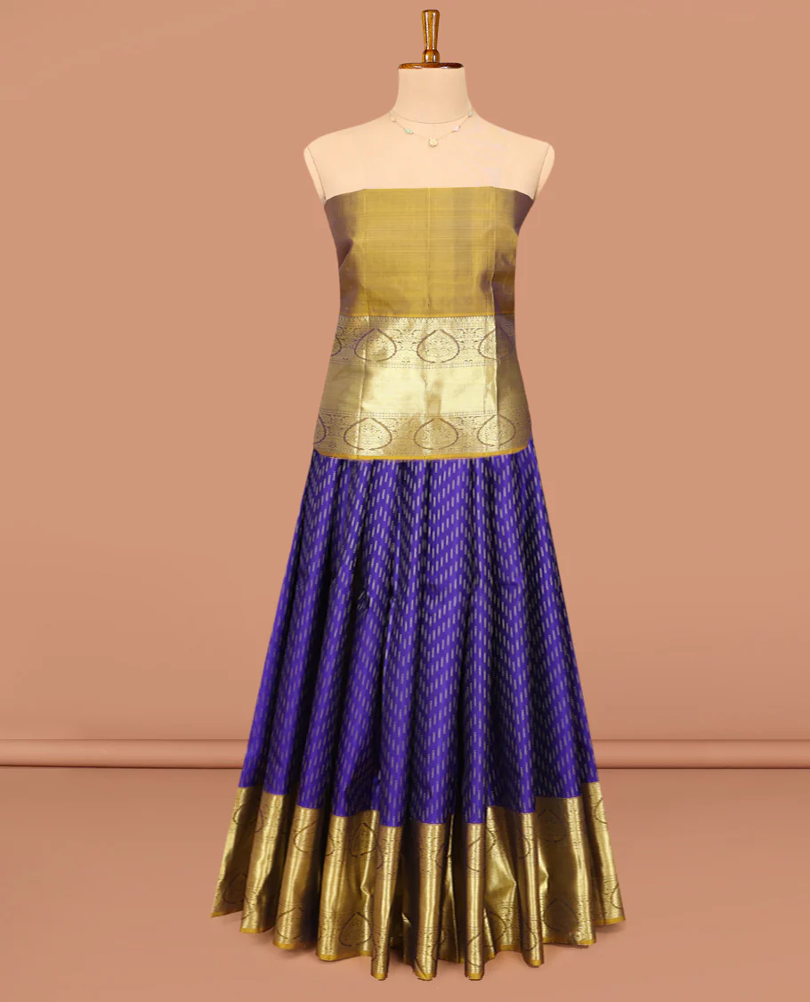 Violet Pure Silk Half-Saree, Finely Crafted with Zari Buttas on Its Skirt, Complemented by a Contrast Border Featuring Traditional Zari Designs, Comes with a Contrast Blouse and a Dhavani of Mayil-Chakram Enclosed Checks - Image 3