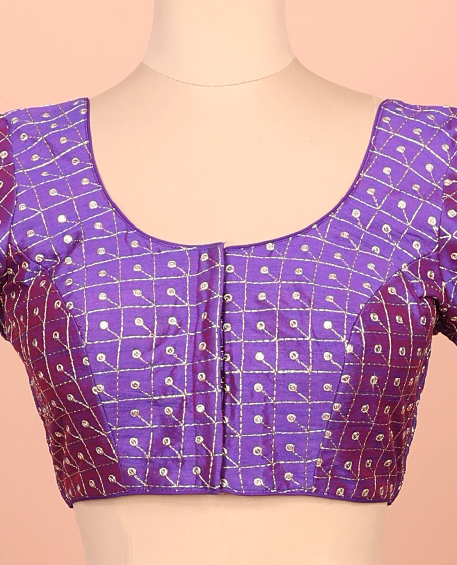 Violet Readymade Blouse Featuring Embroidery, a Front Round-Neck, Back Round-Neck, and Elbow Sleeves - Image 3