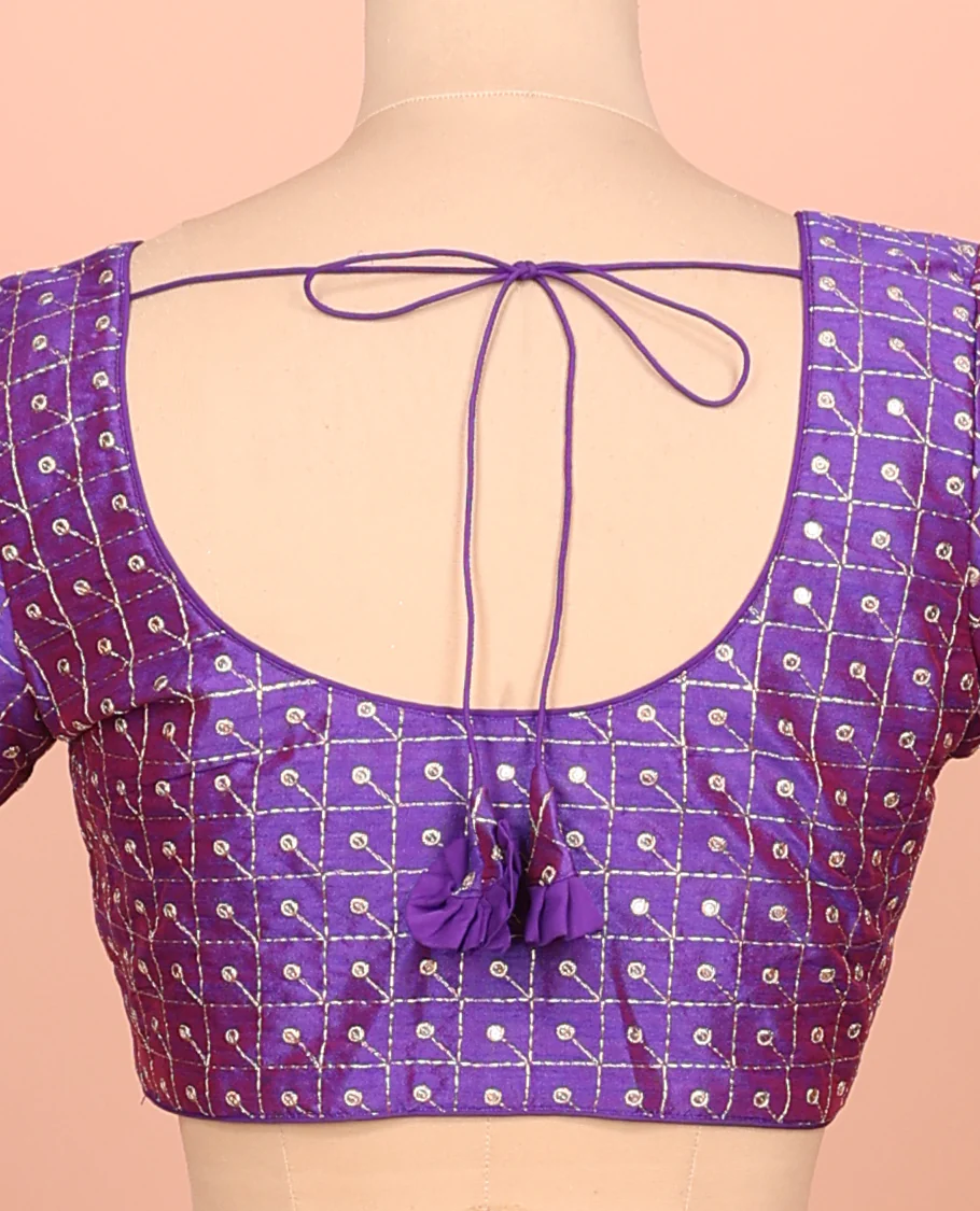 Violet Readymade Blouse Featuring Embroidery, a Front Round-Neck, Back Round-Neck, and Elbow Sleeves - Image 4