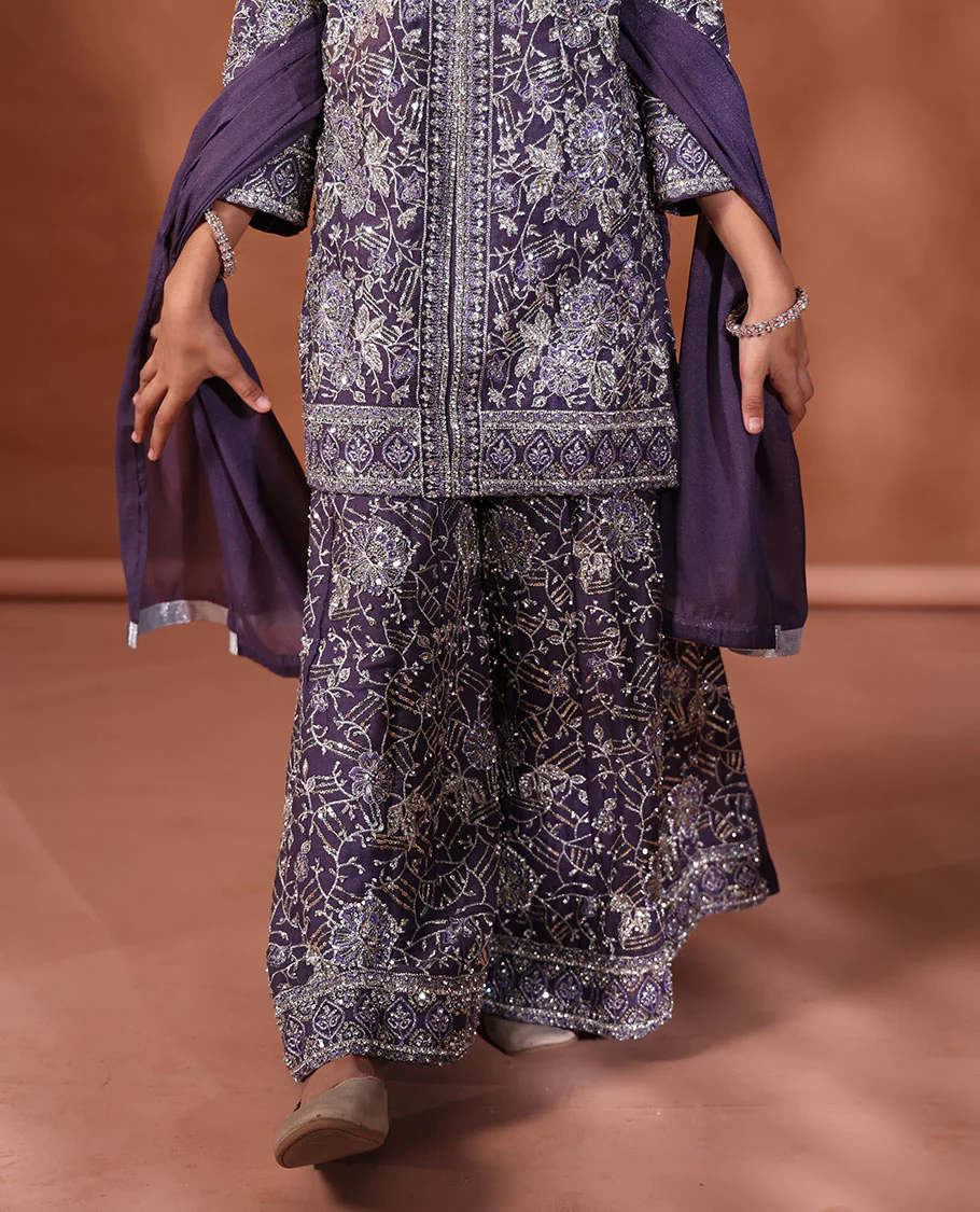 Violet Readymade Suit Featuring an Intricately Floral Embroidered Round-Necked 3/4th Sleeve Top, Floral-Embroidered Sharara Pants, and a Matching Dupatta - Image 4
