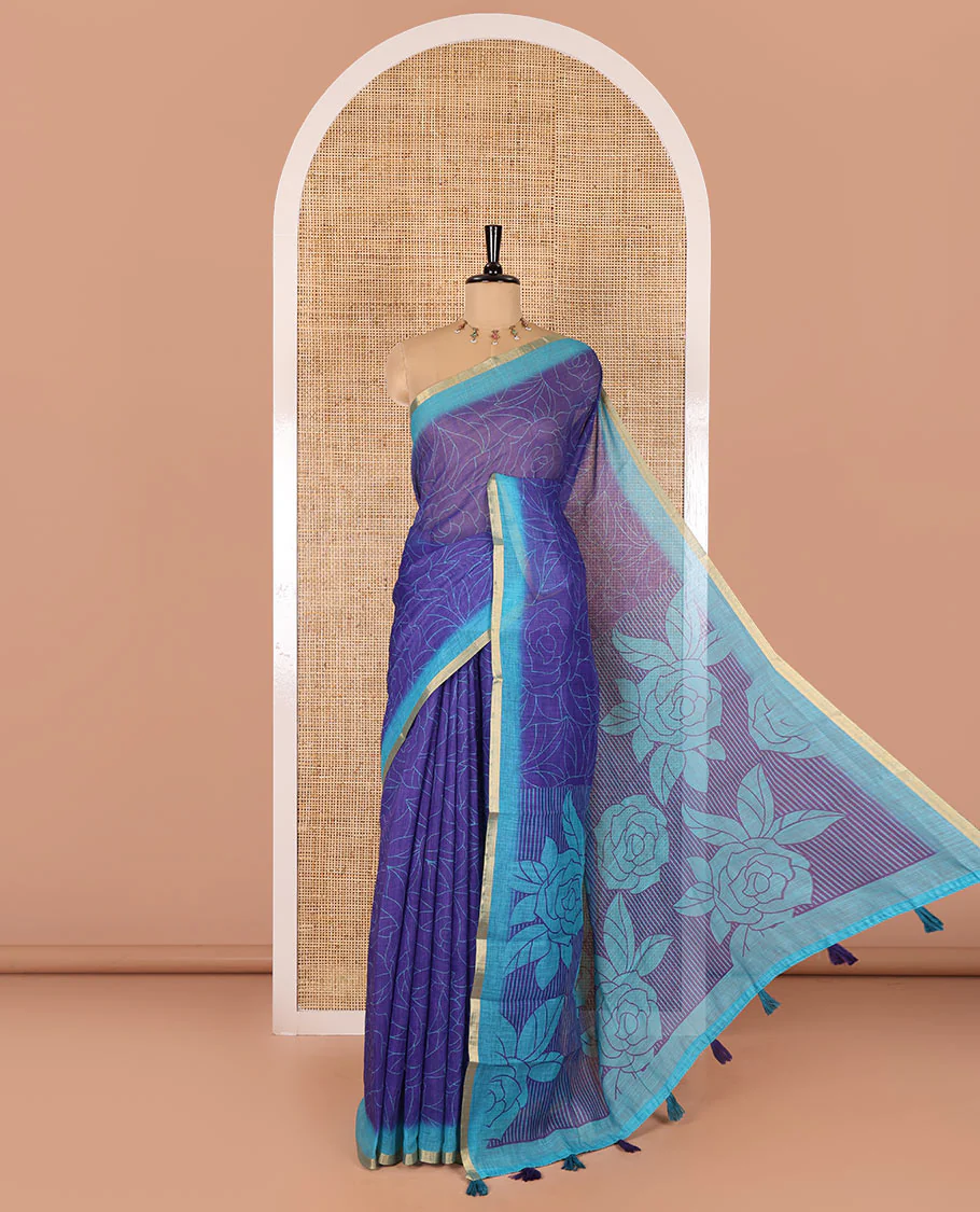 Violet rose floral printed linen cotton saree, contrast piping border, rose floral printed pallu, and a contrast leaf motifs printed blouse