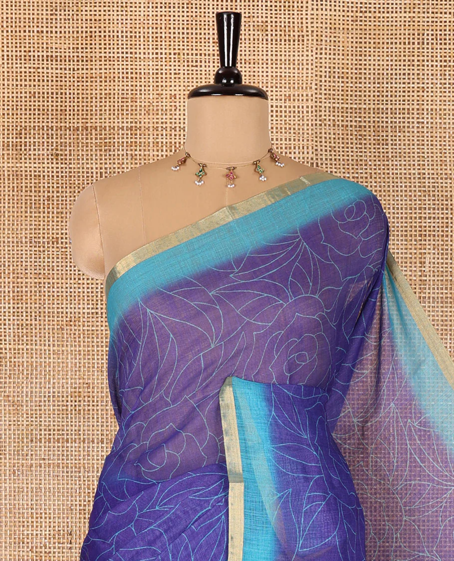 Violet rose floral printed linen cotton saree, contrast piping border, rose floral printed pallu, and a contrast leaf motifs printed blouse - Image 2