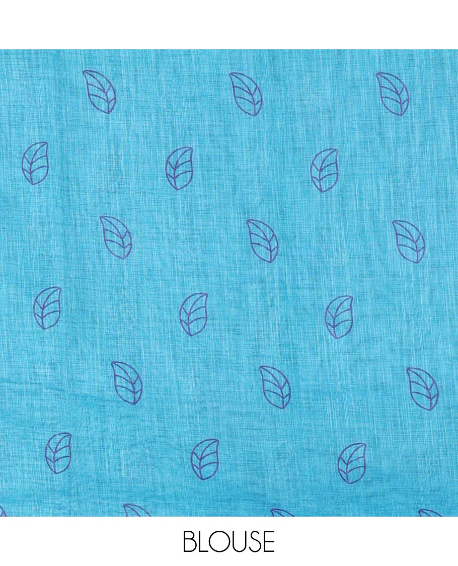 Violet rose floral printed linen cotton saree, contrast piping border, rose floral printed pallu, and a contrast leaf motifs printed blouse - Image 3