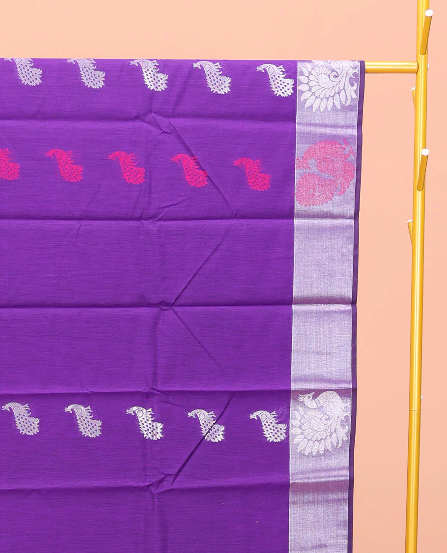 Violet Semi-Silk Cotton Saree, Embellished with Peacock Buttas All Over Its Body, Complemented by a Contrast Border of Peacock Designs, Pallu Steeped with Peacock Zari Design, and Paired with a Matching Blouse - Image 2