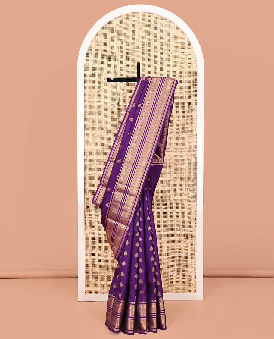 Violet Vasundhara Lite Silk Mix Saree, Elevated with Zari Buttas On Its Body, Highlighted by Rekku, Diamond, Kathir, Neli, and Mayil Kann Designs, Grandly Decked Up Pallu and Paired with a Matching Blouse