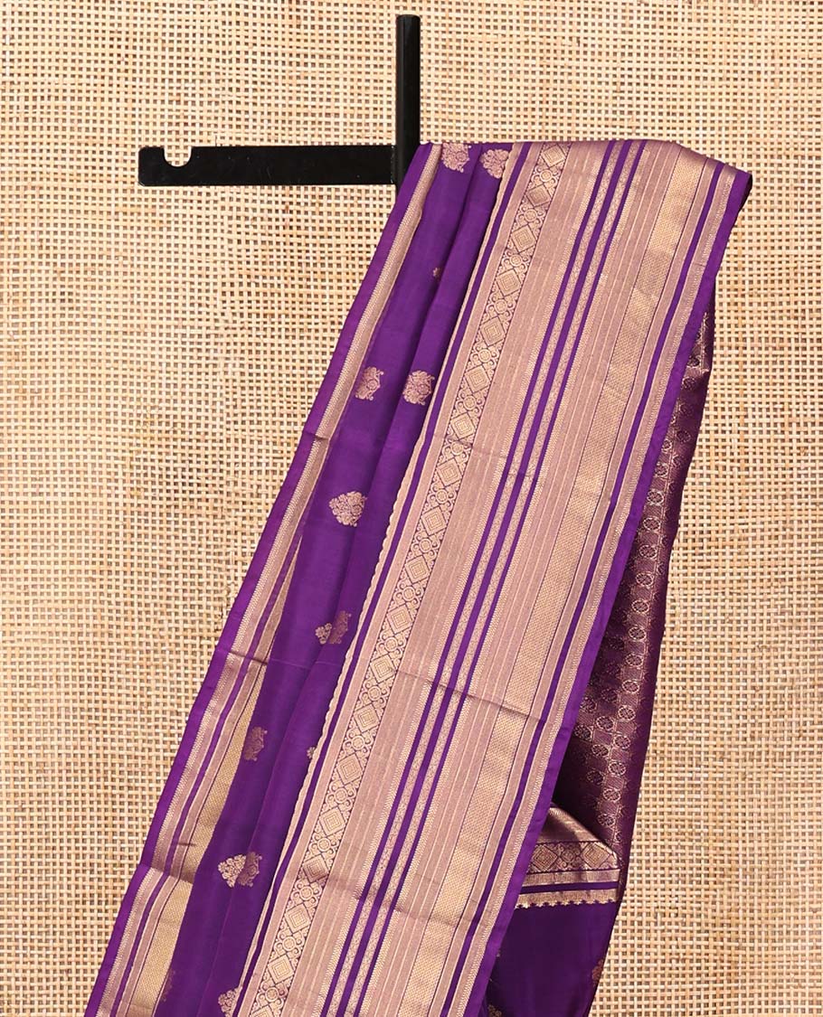Violet Vasundhara Lite Silk Mix Saree, Elevated with Zari Buttas On Its Body, Highlighted by Rekku, Diamond, Kathir, Neli, and Mayil Kann Designs, Grandly Decked Up Pallu and Paired with a Matching Blouse - Image 3