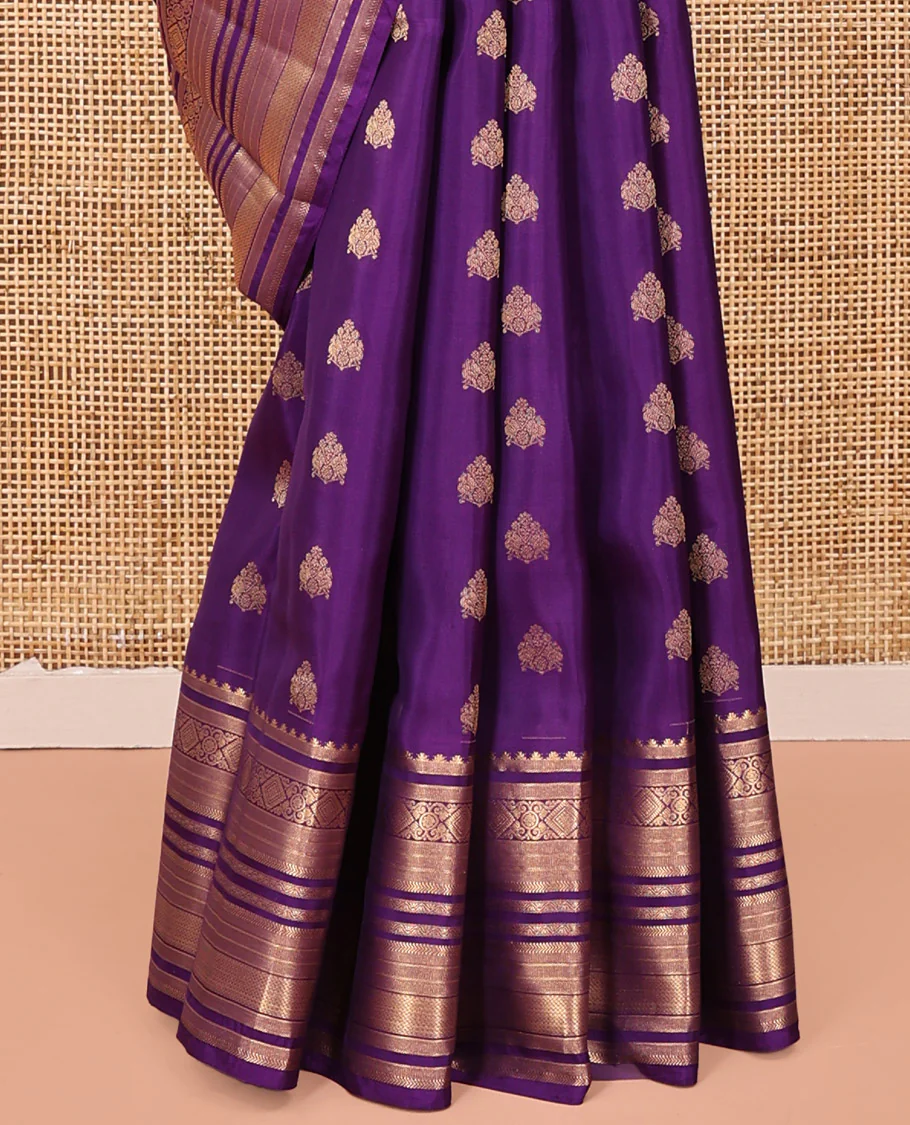 Violet Vasundhara Lite Silk Mix Saree, Elevated with Zari Buttas On Its Body, Highlighted by Rekku, Diamond, Kathir, Neli, and Mayil Kann Designs, Grandly Decked Up Pallu and Paired with a Matching Blouse - Image 4