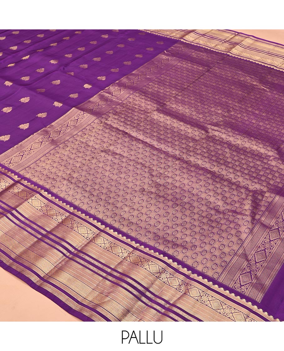 Violet Vasundhara Lite Silk Mix Saree, Elevated with Zari Buttas On Its Body, Highlighted by Rekku, Diamond, Kathir, Neli, and Mayil Kann Designs, Grandly Decked Up Pallu and Paired with a Matching Blouse - Image 5