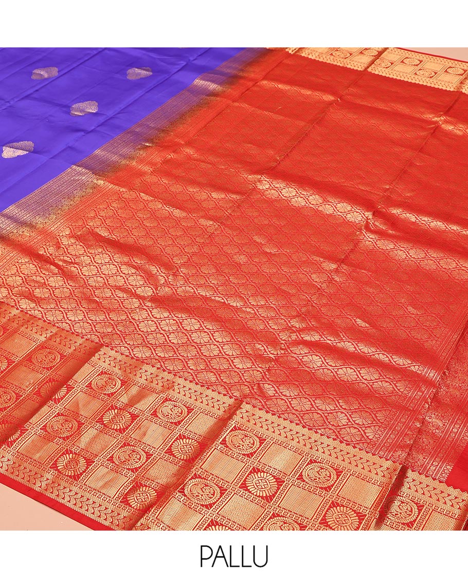 Violet Vasundhara Silk Saree, Prettified with Zari Buttas All Over Its Body, Complemented by a Contrast Border of Rekku, Banaras, Kathir, Chakram, Round Mayil, and Mayil Kann Designs, Grand Ogee-Patterned Pallu, and Paired with a Contrast Blouse - Image 5