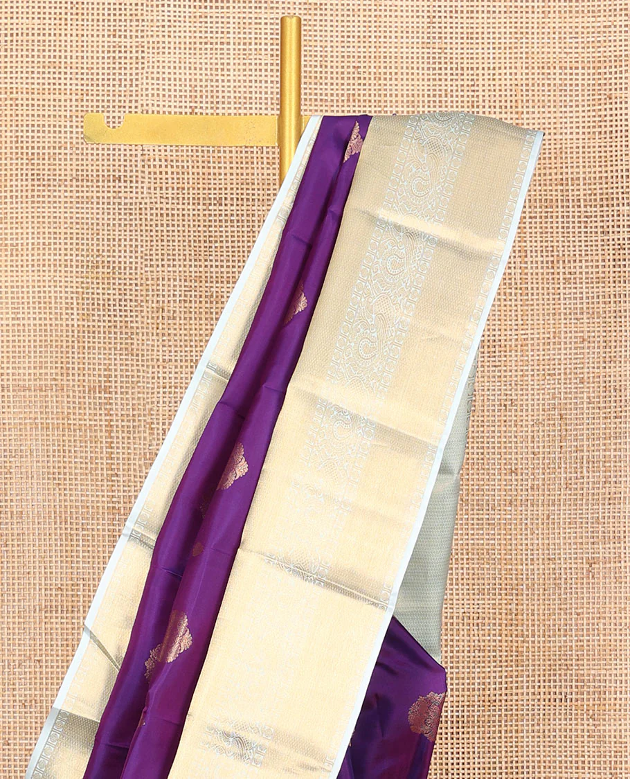 Violet Vasundhara Silk Saree, Richly Detailed with Zari Buttas, Complemented by a Contrast Border of Rekku, Rudraksham, Mayil Kann, and Mayil Designs, Pallu Beautified with Chevron Designs, and Paired with a Contrast Blouse - Image 2