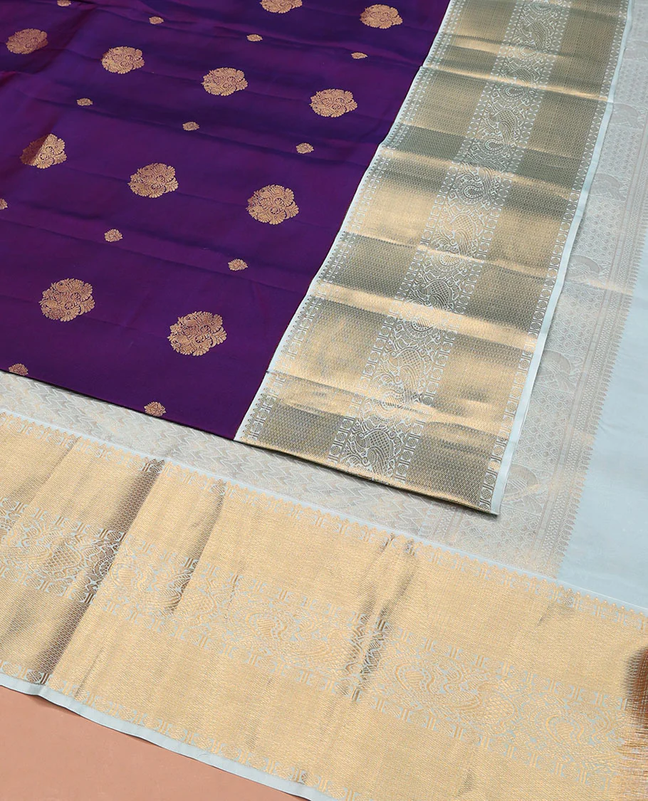 Violet Vasundhara Silk Saree, Richly Detailed with Zari Buttas, Complemented by a Contrast Border of Rekku, Rudraksham, Mayil Kann, and Mayil Designs, Pallu Beautified with Chevron Designs, and Paired with a Contrast Blouse - Image 3