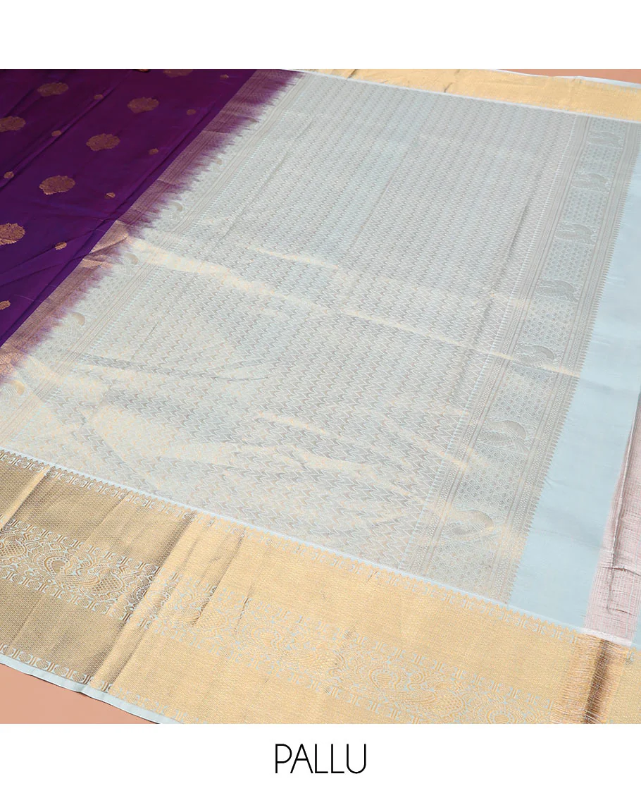 Violet Vasundhara Silk Saree, Richly Detailed with Zari Buttas, Complemented by a Contrast Border of Rekku, Rudraksham, Mayil Kann, and Mayil Designs, Pallu Beautified with Chevron Designs, and Paired with a Contrast Blouse - Image 5