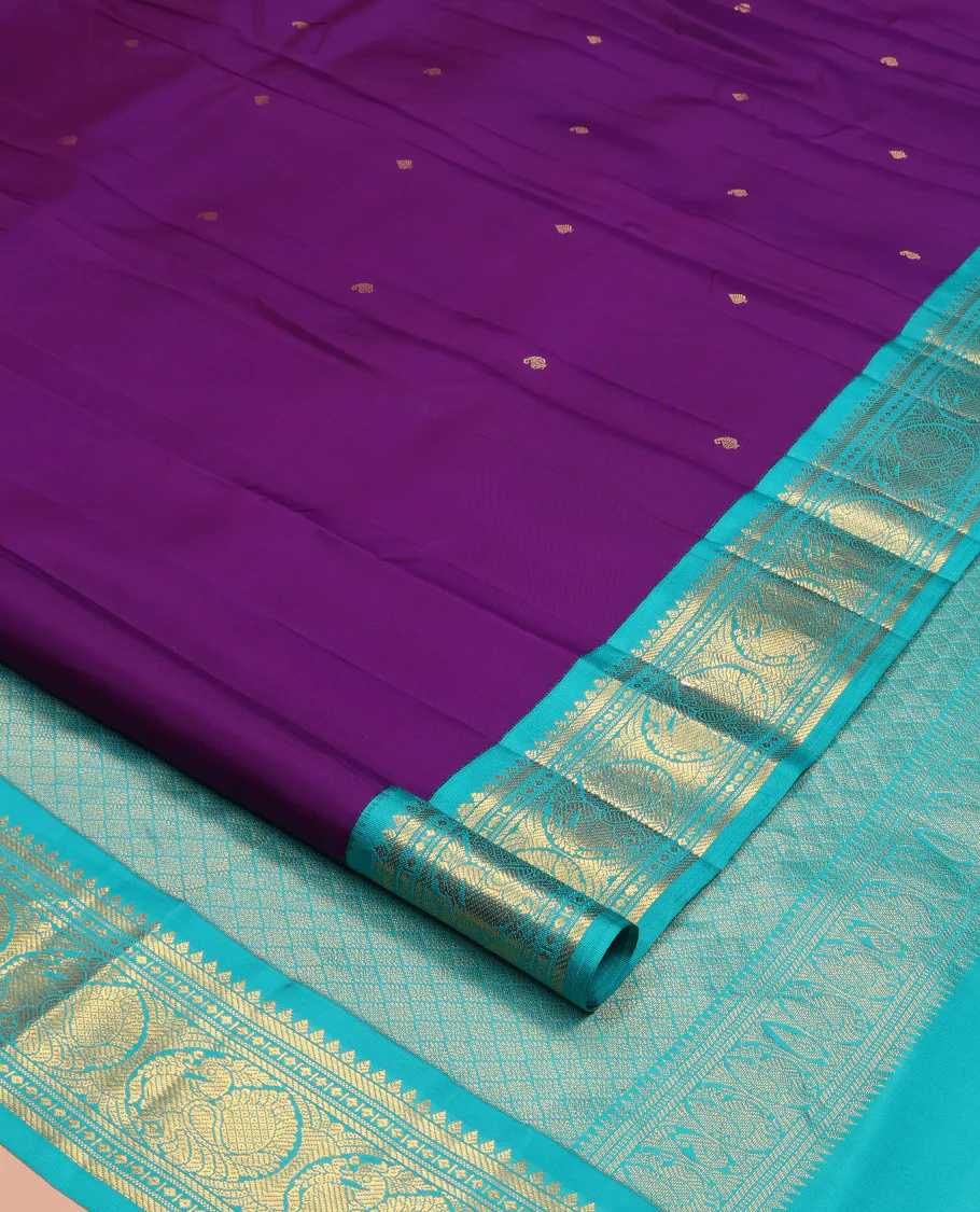 Violet Vasundhara Silk Saree, Subtly Sparkled With Zari Buttas All Over Its Body, Complemented by Zari Buttas All Over Its Body, Complemented by Contrast Border of Thilakam, Banaras, and Mayil Designs Grand Jaal Pallu and Paired with a Contrast Blouse - Image 2