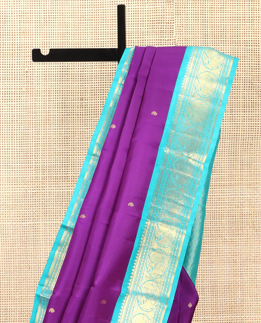 Violet Vasundhara Silk Saree, Subtly Sparkled With Zari Buttas All Over Its Body, Complemented by Zari Buttas All Over Its Body, Complemented by Contrast Border of Thilakam, Banaras, and Mayil Designs Grand Jaal Pallu and Paired with a Contrast Blouse - Image 3
