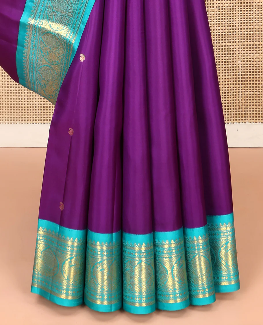 Violet Vasundhara Silk Saree, Subtly Sparkled With Zari Buttas All Over Its Body, Complemented by Zari Buttas All Over Its Body, Complemented by Contrast Border of Thilakam, Banaras, and Mayil Designs Grand Jaal Pallu and Paired with a Contrast Blouse - Image 4