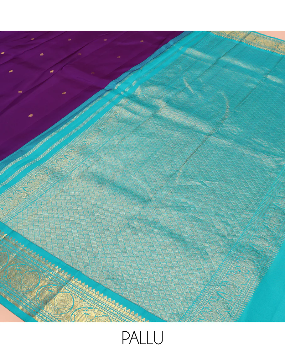 Violet Vasundhara Silk Saree, Subtly Sparkled With Zari Buttas All Over Its Body, Complemented by Zari Buttas All Over Its Body, Complemented by Contrast Border of Thilakam, Banaras, and Mayil Designs Grand Jaal Pallu and Paired with a Contrast Blouse - Image 5