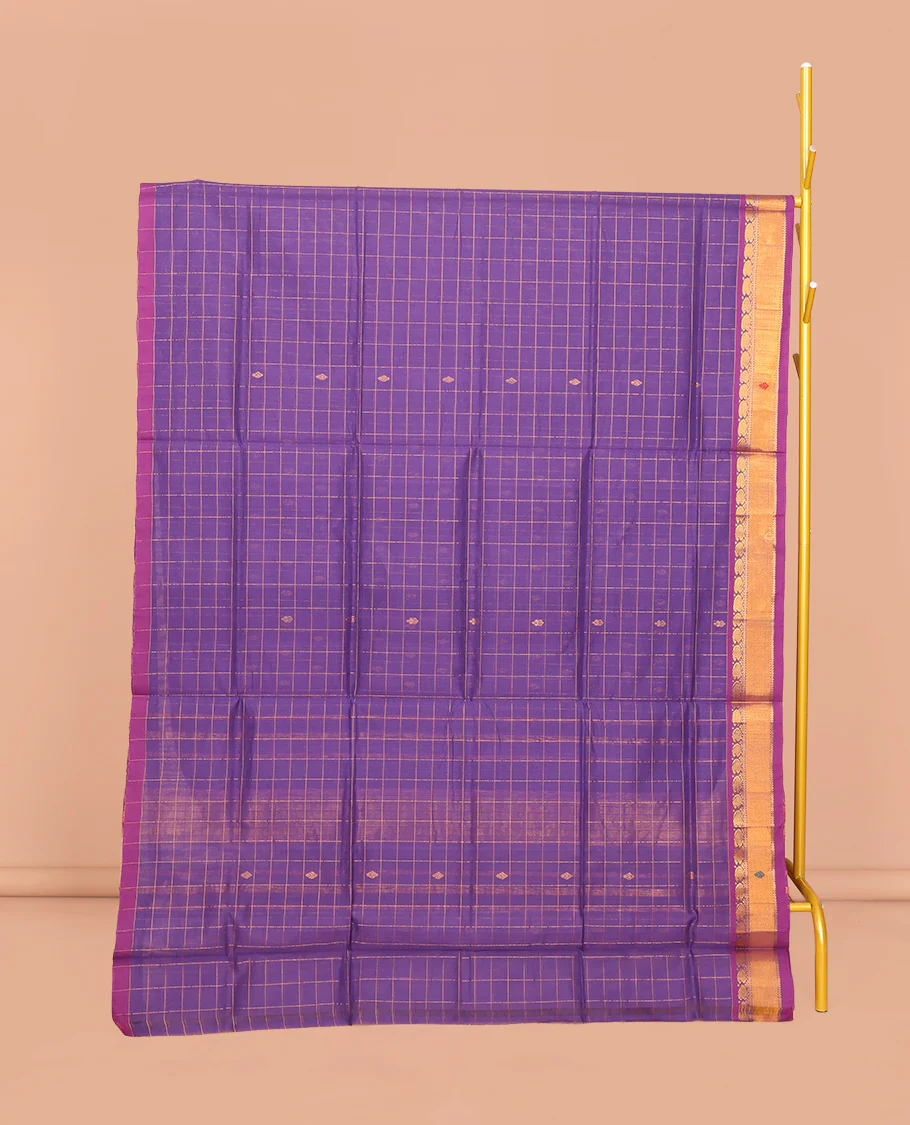 Violet Venkatagiri Cotton Saree, Accentuated with Butta Enclosed Checks, a Contrast Zari-Thread Border, Pallu of Stripes, and No Blouse